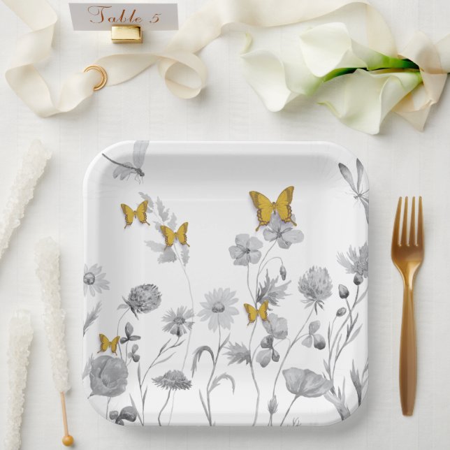 Assiettes En Carton Beau papillon et fleuri (Mariage)