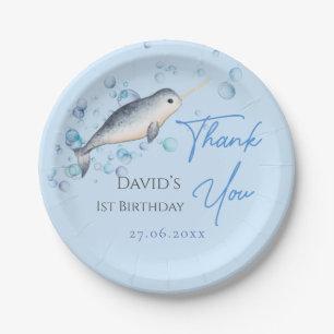 Assiettes En Carton Beau petit garçon Narwhal bulles 1er anniversaire