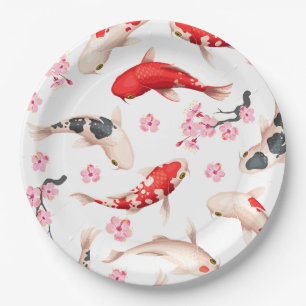 Assiettes En Carton Beau poisson japonais floral rouge Koi