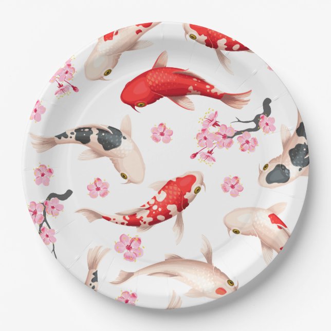 Assiettes En Carton Beau poisson japonais floral rouge Koi (Devant)
