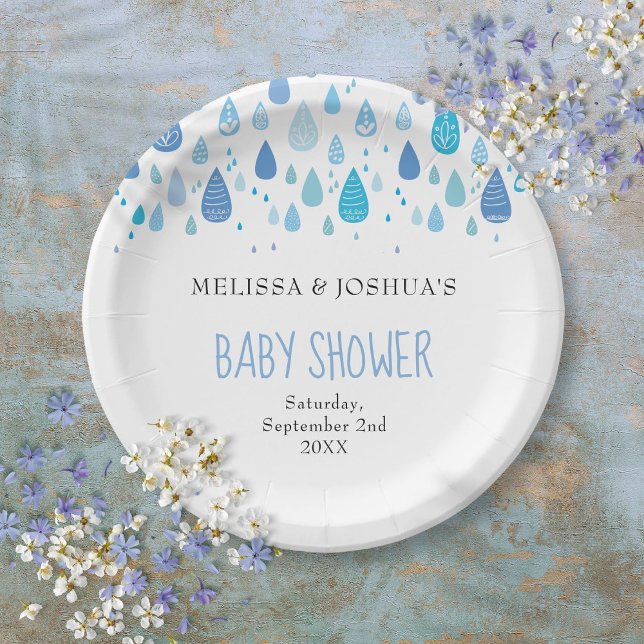 Assiettes En Carton Beau Raindrops Couples Baby shower Saupoudrer (Cute Blue Raindrops Couples Baby Shower Sprinkle Paper Plates)