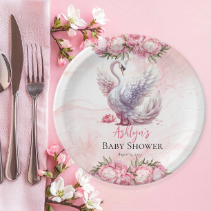 Assiettes En Carton Beau Swan rose Floral Baby shower fille