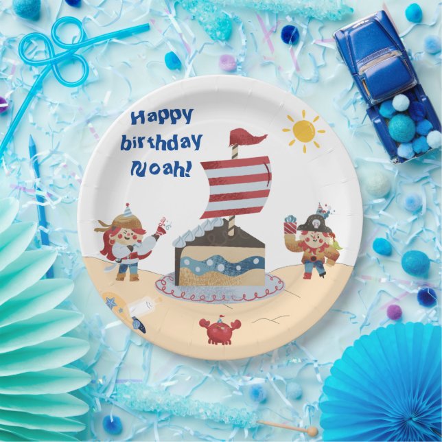 Assiettes En Carton Beau thème bleu et rouge pirate (Fête)