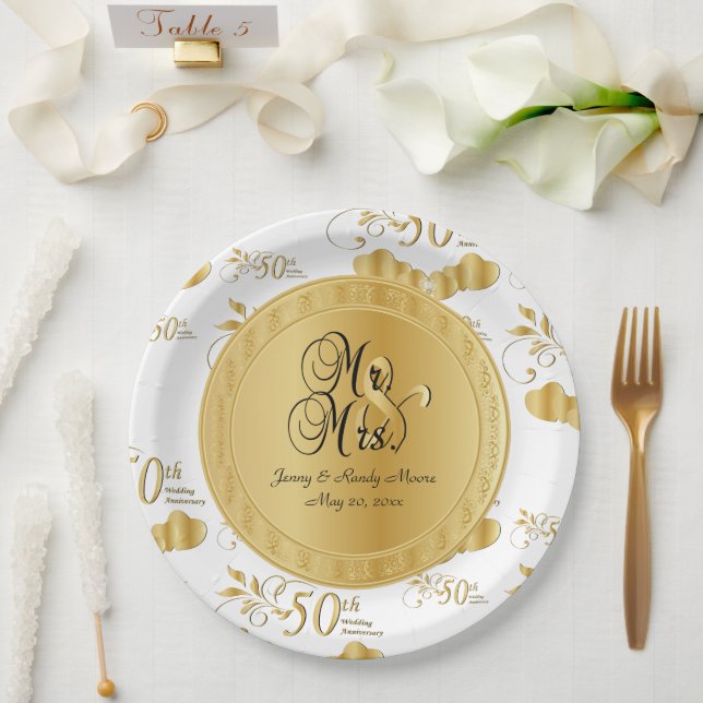 Assiettes En Carton Beau White & Gold 50e anniversaire de Mariage (Mariage)