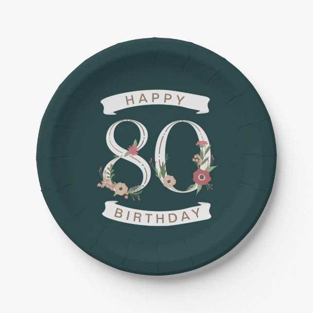 Assiettes En Carton Beaux chiffres floraux 80e anniversaire (Devant)