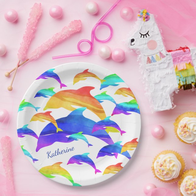 Assiettes En Carton Beaux dauphins en arc-en-ciel avec prénom (Fête)