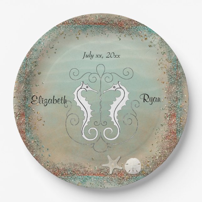 Assiettes En Carton Beaux hippocampes, mariage sur la plage, coquillag (Devant)