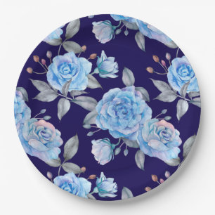 Assiettes En Carton Beaux roses bleus, arrière - plan bleu marine,