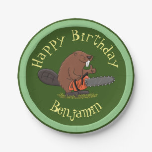 Assiettes En Carton Beaver avec tronçonneuse drôle d'anniversaire pers