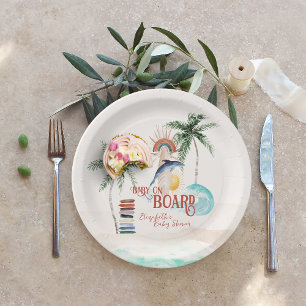Assiettes En Carton Bébé à bord   Rétro Baby Shower d'été Surf