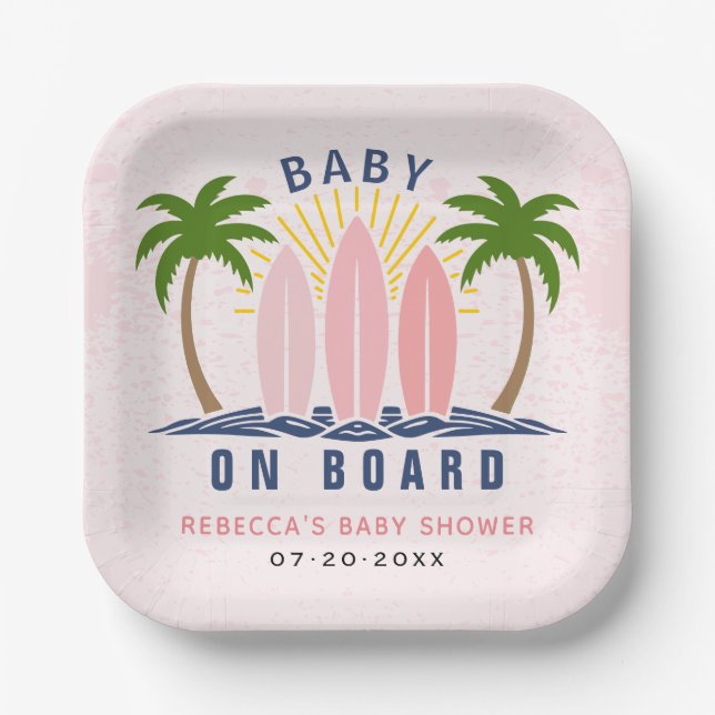 Assiettes En Carton Bébé à bord surf splash rose bébé douche (Recto)