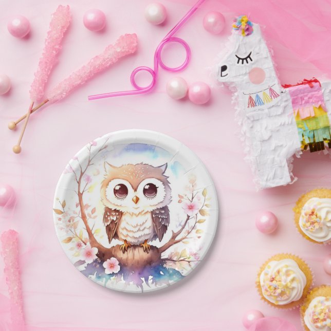 Assiettes En Carton Bébé à thème Hibou Bois Douche fille (Fête)