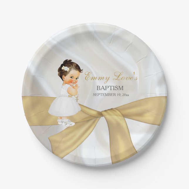 Assiettes En Carton Bébé Baptême Fille Christening Or Blanc (Devant)