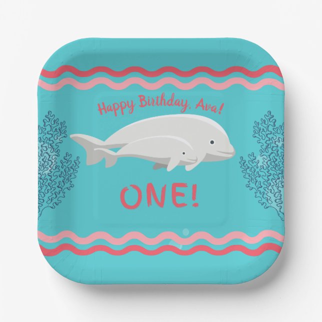 Assiettes En Carton Bébé Beluga 1ère plaque d'anniversaire (Recto)