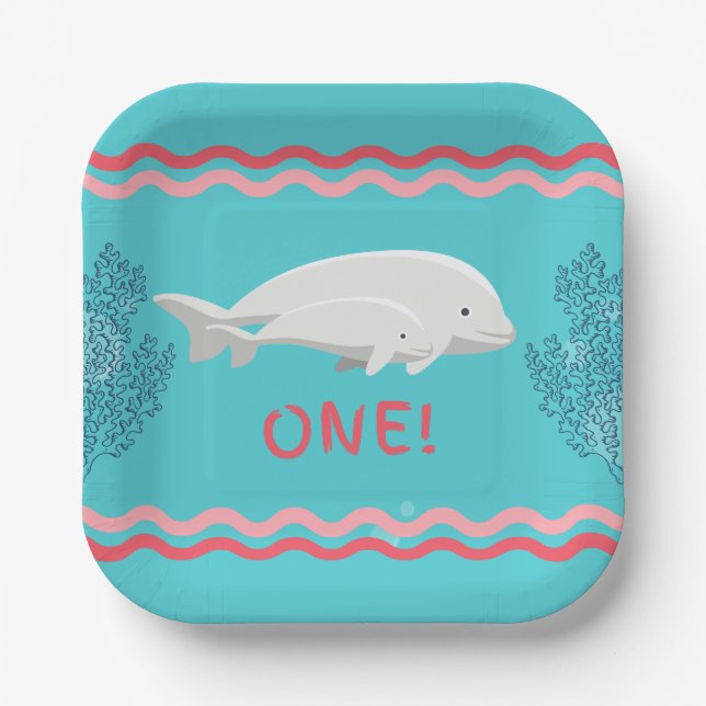 Assiettes En Carton Bébé Beluga 1ère plaque d'anniversaire (Recto)