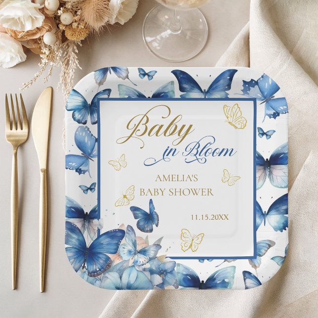 Assiettes En Carton Bébé Beurre Bleu Or en Fleur Douche (Créateur téléchargé)