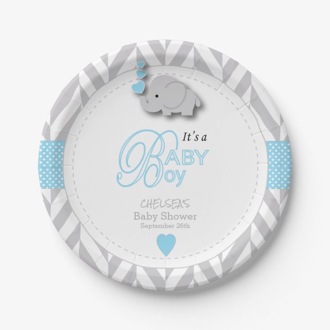 Assiettes En Carton Bébé bleu, blanc gris éléphant Baby shower (Devant)