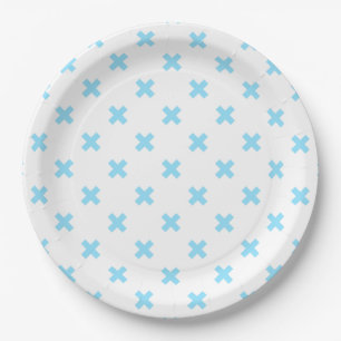 Assiettes En Carton Bébé bleu croix coutures sur blanc