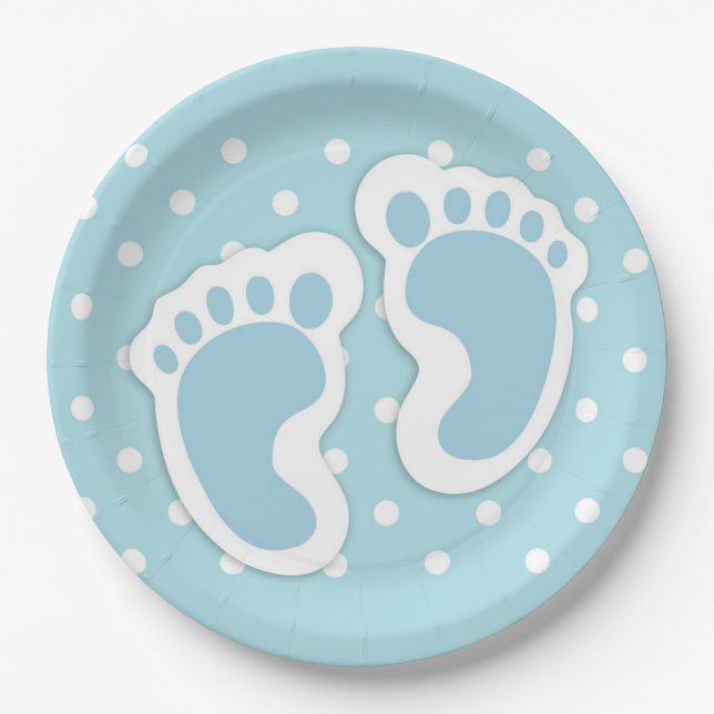 Assiettes En Carton Bébé bleu mou Pieds de garçon (Devant)