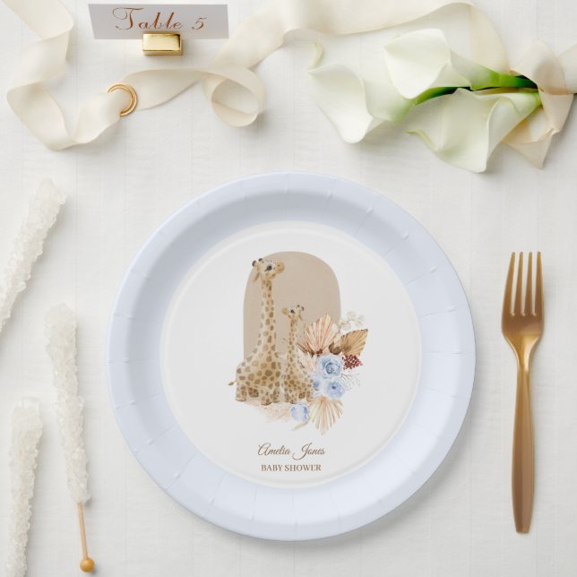 Assiettes En Carton Bébé Bleu Pampas Grass Baby shower de girafe (Mariage)