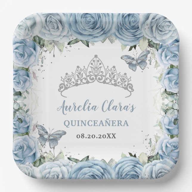 Assiettes En Carton Bébé Bleu Papillons Floraux Tiara QUINCEAÑERA (Recto)