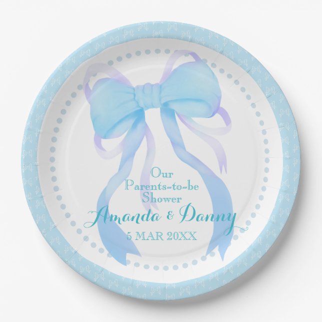 Assiettes En Carton Bébé bleu Ruban Douche garçon (Devant)