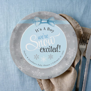 Assiettes En Carton Bébé bonté neige Boy Blue & Grey Snowflake Douche