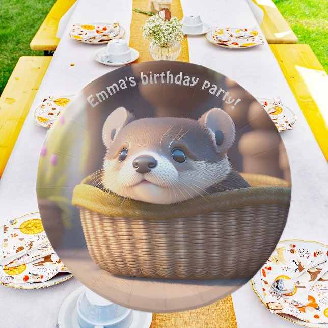 Assiettes En Carton Bébé de loutre mignonne dans un panier - personnal (Créateur téléchargé)