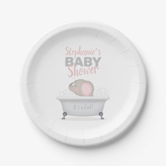 Assiettes En Carton Bébé Eléphant bulle Baby shower fille bain (Devant)