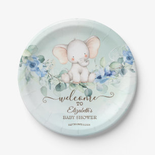 Assiettes En Carton Bébé éléphant mignon Roses bleues