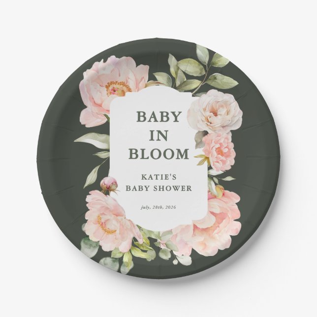 Assiettes En Carton Bébé en Fleur Aquarelle rose Baby shower floral (Devant)