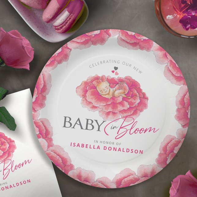 Assiettes En Carton Bébé en Fleur blanc baby shower rose aquarelle (Créateur téléchargé)