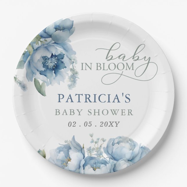 Assiettes En Carton Bébé en Fleur bleu Baby shower Floral Garçon (Devant)
