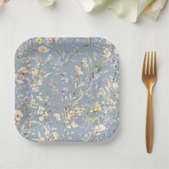 Assiettes En Carton Bébé en Fleur Fleur sauvage Dusty Baby shower bleu (Créateur téléchargé)