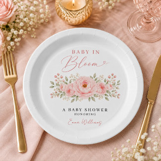 Assiettes En Carton Bébé en fleurs Fête de Baby Shower Rose tendre