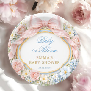 Assiettes En Carton Bébé en fleurs rose floral ruban fille Baby Shower