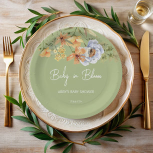 Assiettes En Carton Bébé en fleurs vert sauge bébé imprimé