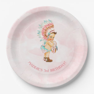 Assiettes En Carton Bébé Fille Coiffe Indigène Moccasins Rose Aqua