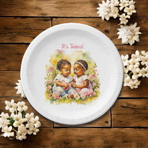 Assiettes En Carton Bébé fille jumeaux de couleur Baby shower