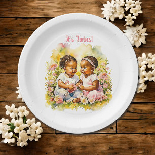 Assiettes En Carton Bébé fille jumeaux de couleur Baby shower