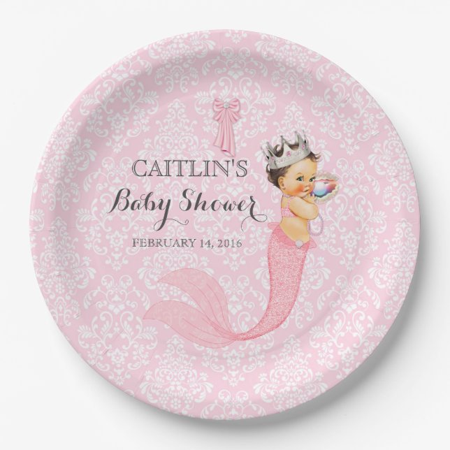 Assiettes En Carton Bébé Fille Sirène Princesse Couronne Damas (Devant)