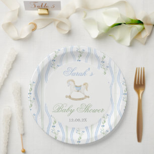 Assiettes En Carton Bébé garçon à la douche avec un cheval à bascule