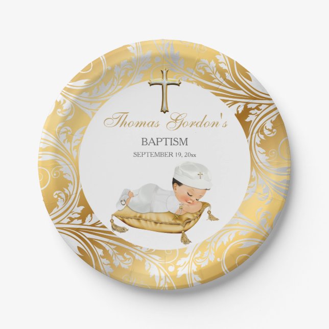 Assiettes En Carton Bébé Garçon Christening Baptême Or Argent (Devant)