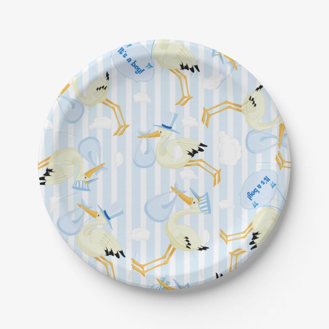 Assiettes En Carton Bébé garçon douche avec cigogne (Devant)