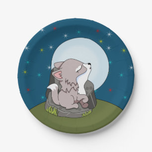 Assiettes En Carton Bébé loup hurlant à la lune