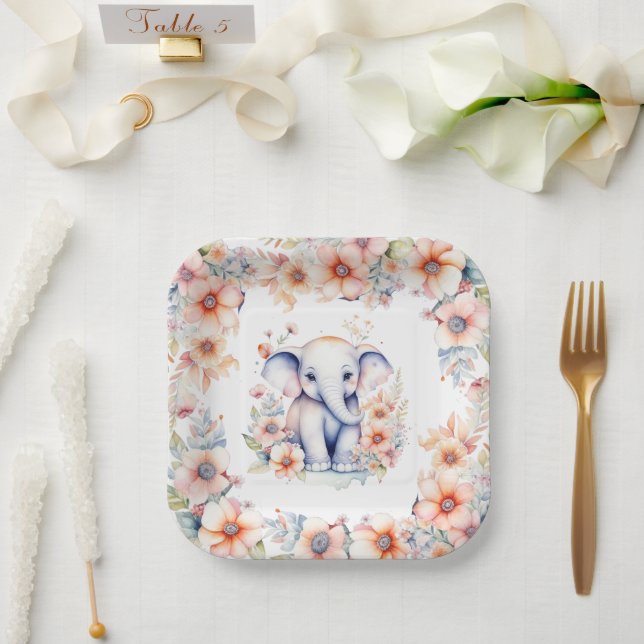 Assiettes En Carton Bébé mignon Baby shower de fille d'éléphant (Mariage)