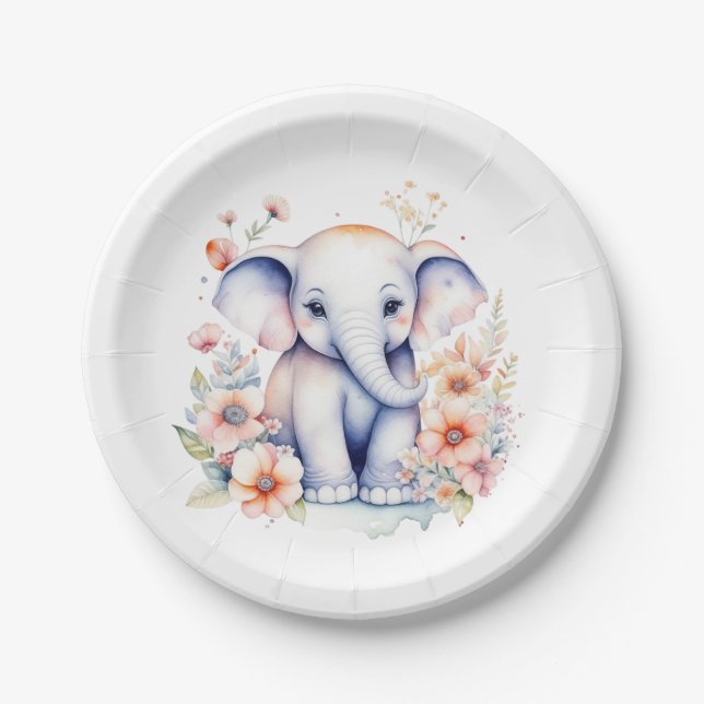 Assiettes En Carton Bébé mignon Baby shower de fille d'éléphant (Devant)