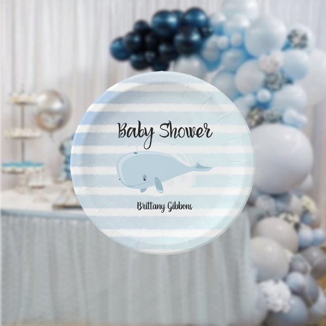 Assiettes En Carton Bébé mignon Bleu Baleine Baby shower rayé (Créateur téléchargé)