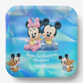 Assiettes En Carton Bébé mignon Blue Twins 1er anniversaire