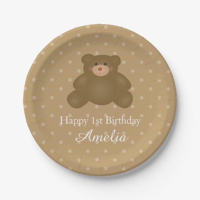 Assiettes En Carton Bébé mignon Brown Teddy Bear fête d'anniversaire (Devant)